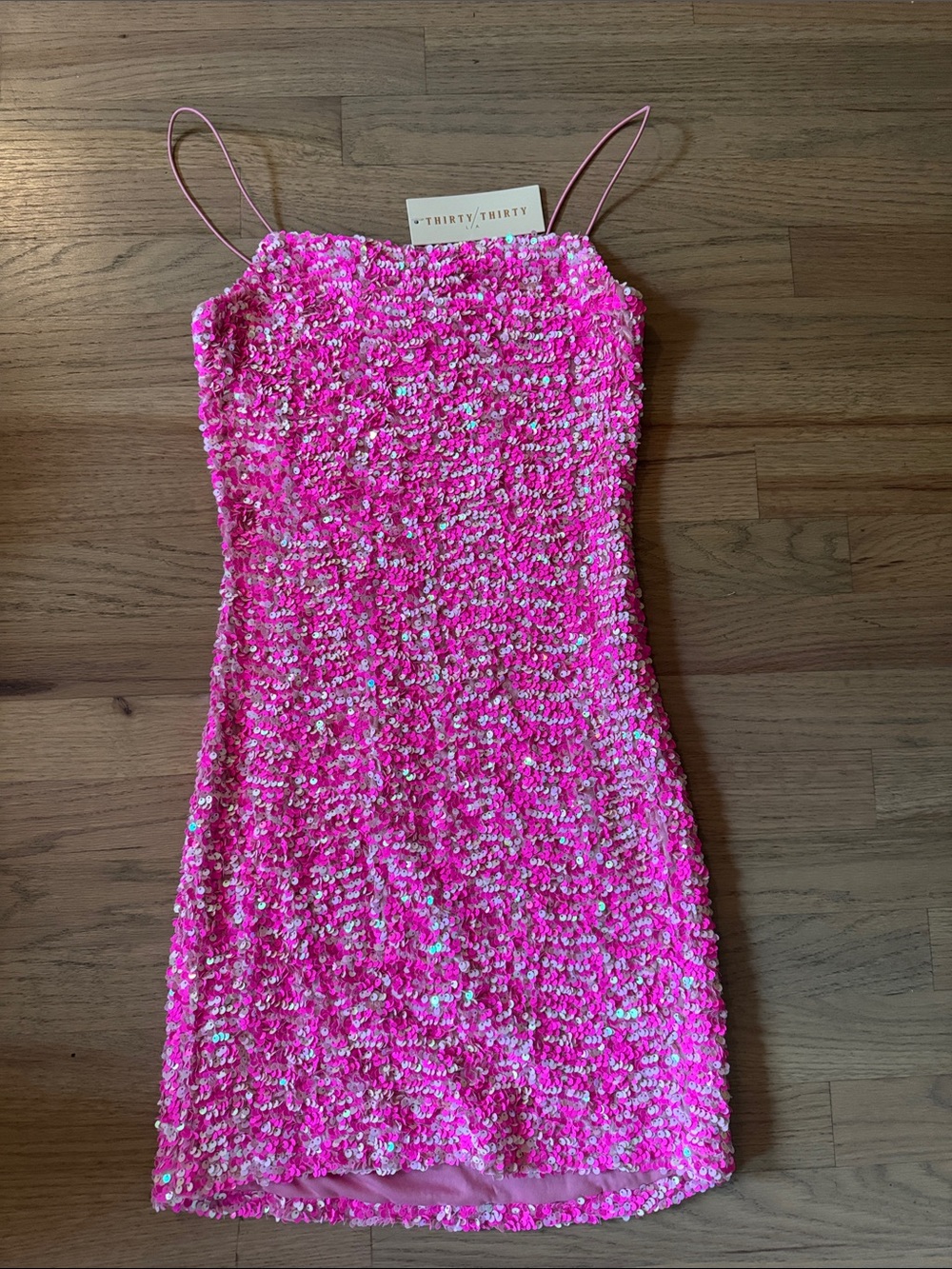 Sequin Spaghetti-Strap Mini Dress in Bright Pink